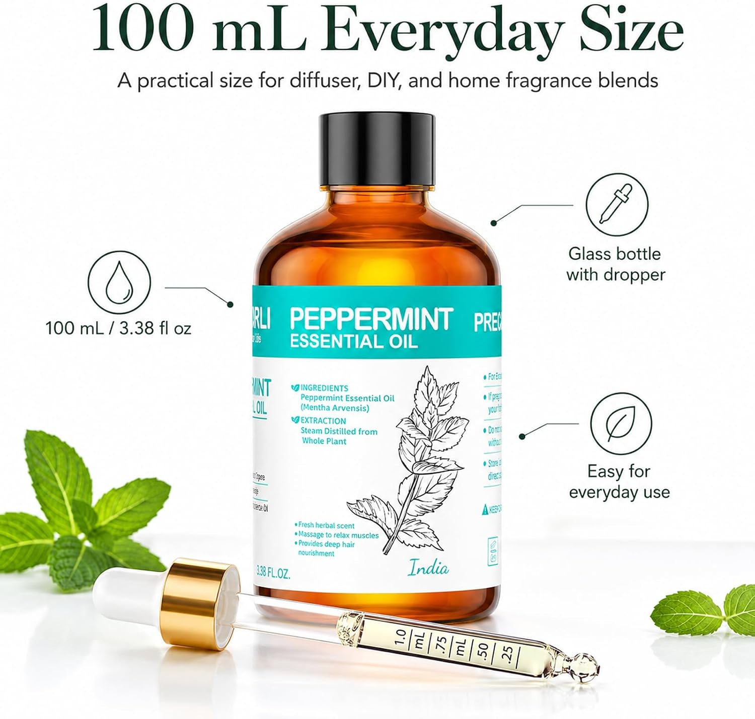 Peppermint Essential Oil 3.38 fl oz, Mint Essential Oil with Dropper for Diffuser, Hair Care, Skin Care, Massage, Cleaning, Candle Making and Soap Making