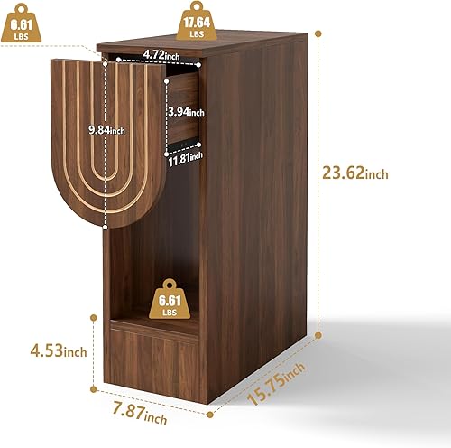 Miniatura 2 de Mesita de noche estrecha, mesa de noche moderna de mediados de siglo con cajón tallado y estante de almacenamiento, mesa auxiliar delgada para