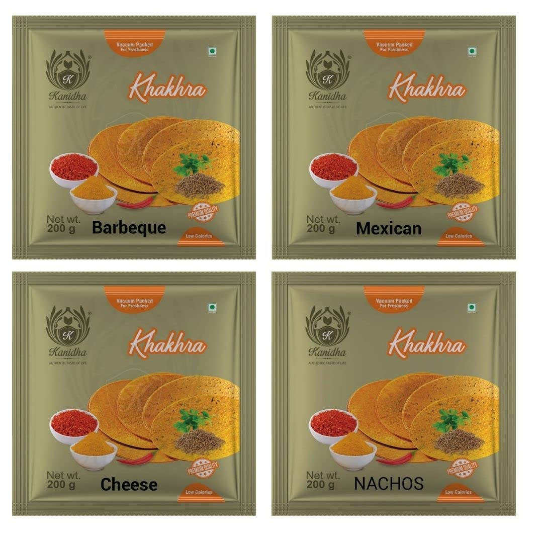 Kanidha Khakhra Combo – Barbeque, Mexican, Cheese & Nachos Flavours – 800g (Pack of 4) – Crunchy, Healthy, Baked Snack for All Ages