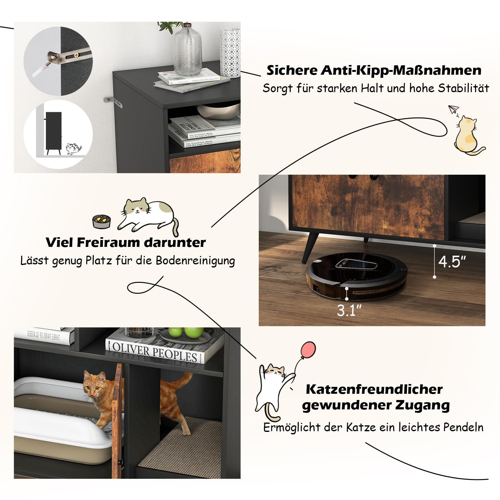 COSTWAY Kattenkast, kattentoilet, kattenhuis met dubbele deur, ingang en open legplank, kattenbak, kattenmeubel, bijzettafel, voor katten, honden, huisdieren, bruin zwart