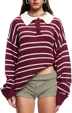 Women Y2k Rugby Polo Shirt Striped Knit Sweater Long Sleeve Collared V Neck Sweatshirt Oversized Pullover Tops