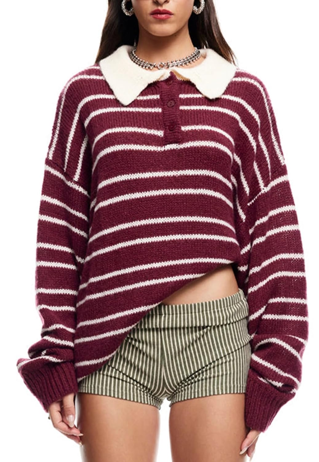 Women Y2k Rugby Polo Shirt Striped Knit Sweater Long Sleeve Collared V Neck Sweatshirt Oversized Pullover Tops