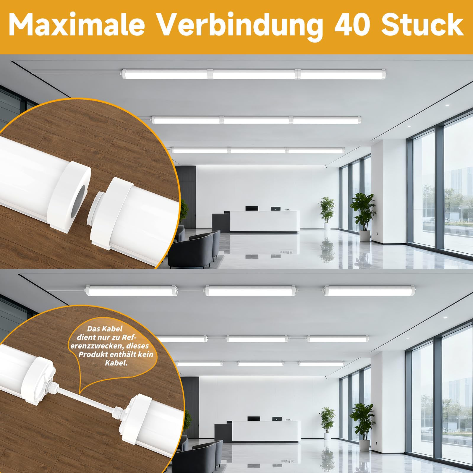 LED Feuchtraumleuchte 60cm Bürodeckenleuchten 18W 2250lm Werkstattlampe 6000K LED IP65 Wasserdicht led leuchten decke Verknüpfbar Wannenleuchte für Keller Garage Werkstatt Bad Büro