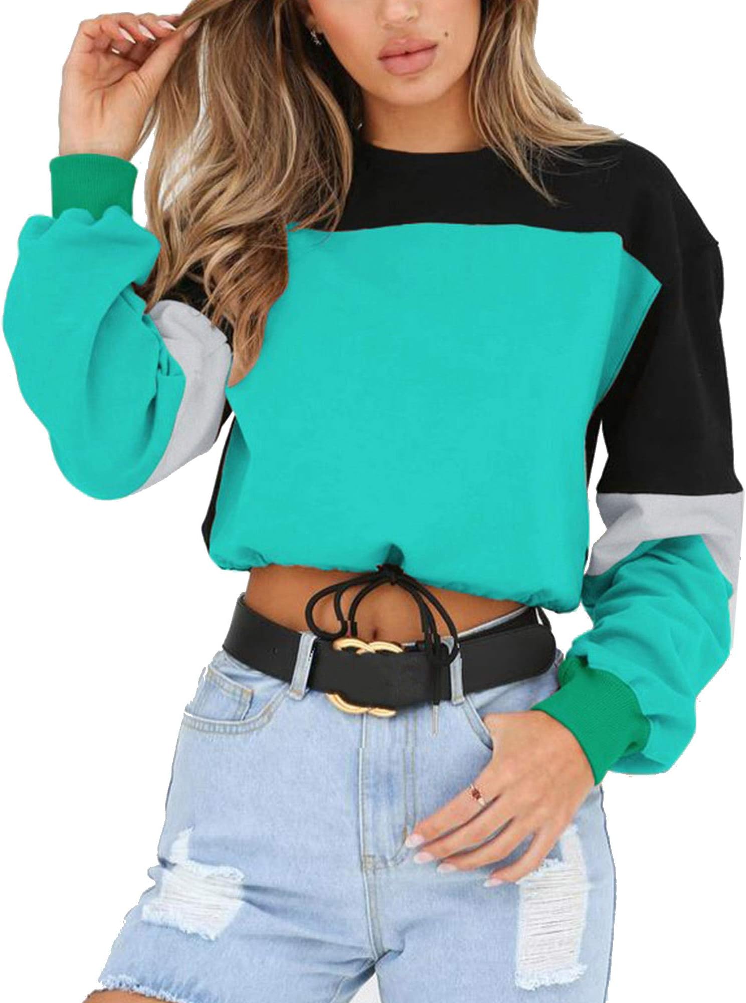 Angashion Womens Sweatshirt-Long Sleeve Drawstring Hem Color Block Crop Top Pullover Tops Green L
