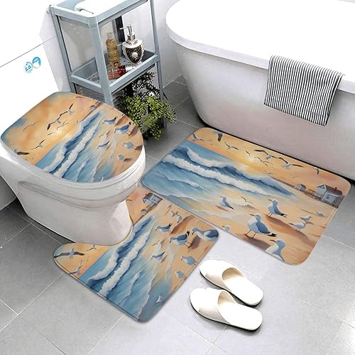 Miniatura 2 de Juego de alfombras de baño antideslizantes de 3 piezas, lujosas alfombras de franela súper suaves, súper absorbentes, antideslizantes, gaviotas