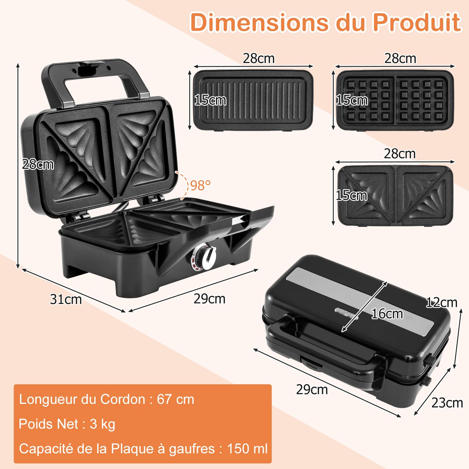 GOPLUS Appareil Croque Monsieur 3 en 1 pour Gaufres, Croques et Sandwichs, Machines à Gaufres et Croques avec Plaques Amovible et Antiadhésive, Température Réglable 5 Niveaux & Protection Surchauffe