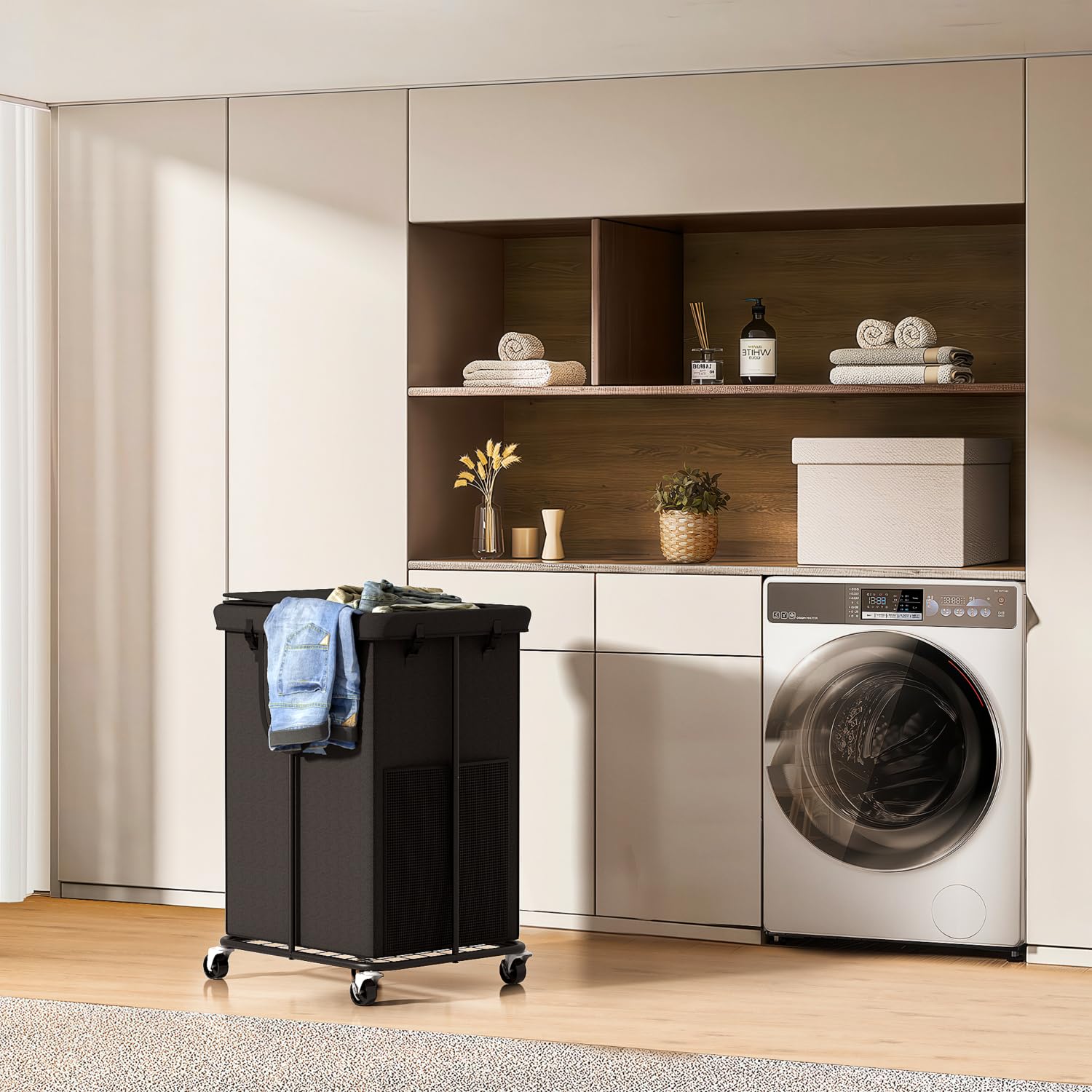 Cestas grandes para la colada de 150 litros con tapa, cestas para la colada de tela Oxford, marco de metal y bolsa extraíble, diseño con ruedas para dormitorio, baño, dormitorio, lavandería (tapa