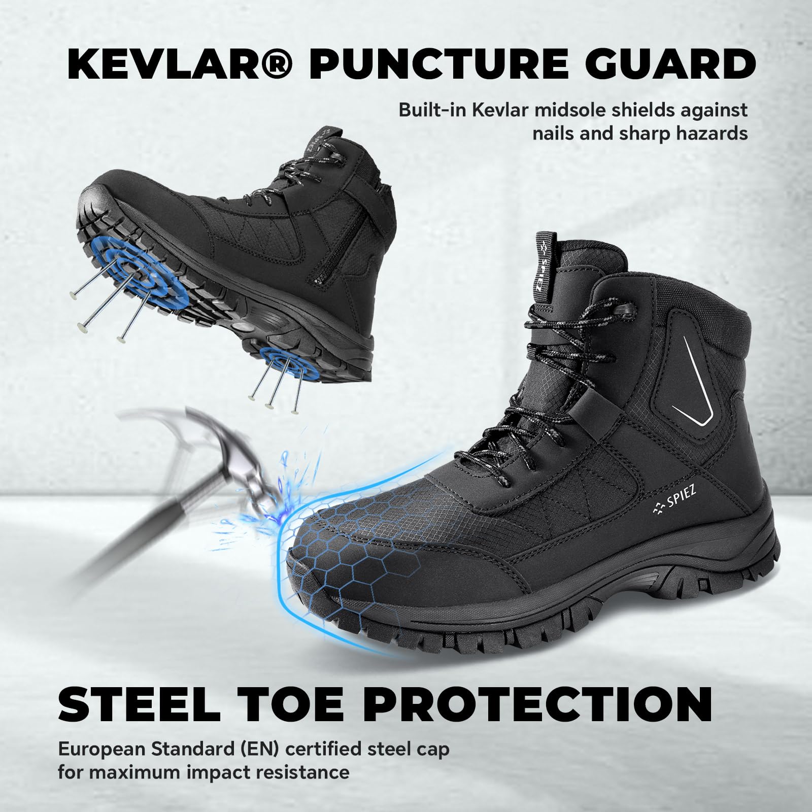 SPIEZ S3 Chaussures de Sécurité Hommes – Bottes avec Embout Acier, Imperméables, Kevlar Anti-Perforation, SRC Antidérapantes & Antistatiques Chaussures de Travail Chantier & Industrie, Noir EU 40-46