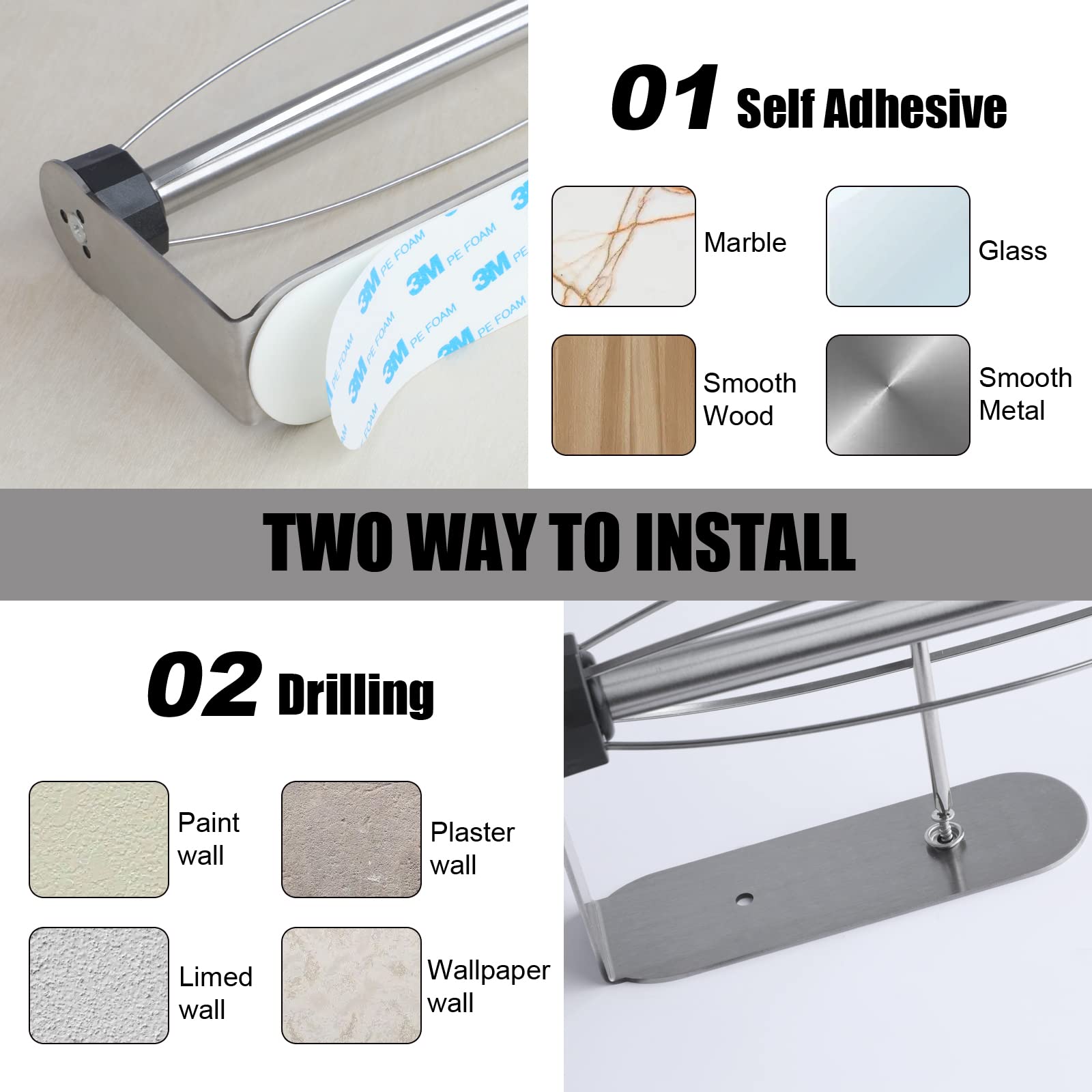 2 Pack Paper Towel Holder, Easy Tear with Damping Function, Single Hand Operable Wall Mount Paper Towel Holder, Self-Adhesive or Drilled for Kitchen,Under Cabinet, Bathroom.Stainless Steel