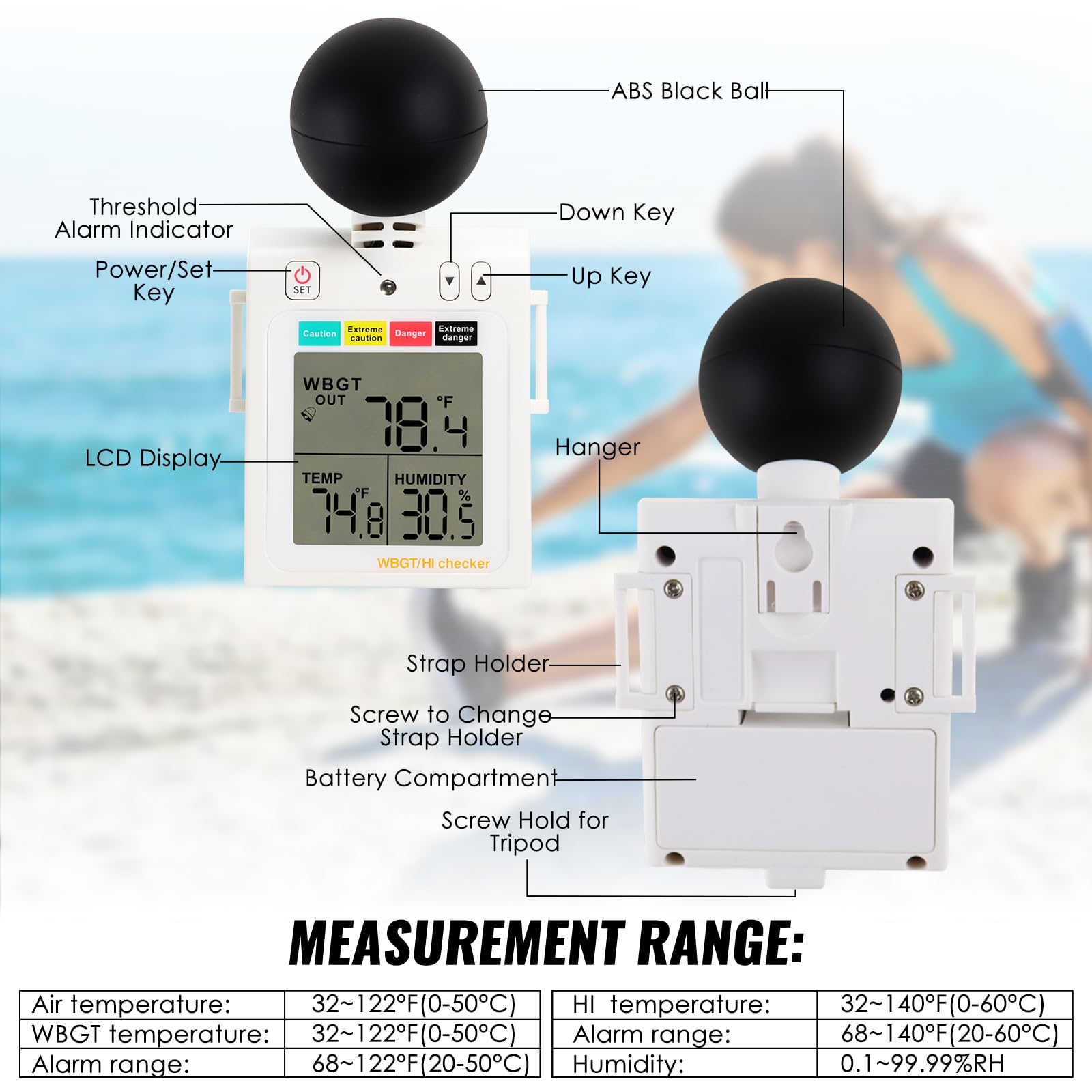 WBGT + HI Calor Inspector Calor Estrés Metro Mojado Bulbo Globo Temperatura Humedad Usable Ensayador
