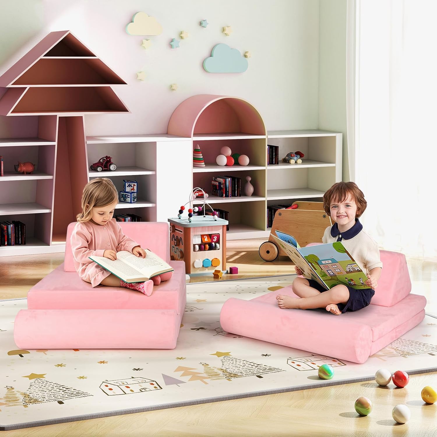 Costzon 8 Pcs Modular Kids Play Couch, Toddler Sectional Sofa Chair, Convertible Baby Pink Sofa & Floor Cushion, Bedroom & Playroom Furniture for Building Fort Gift for Boys Girls 3+ (Pink)