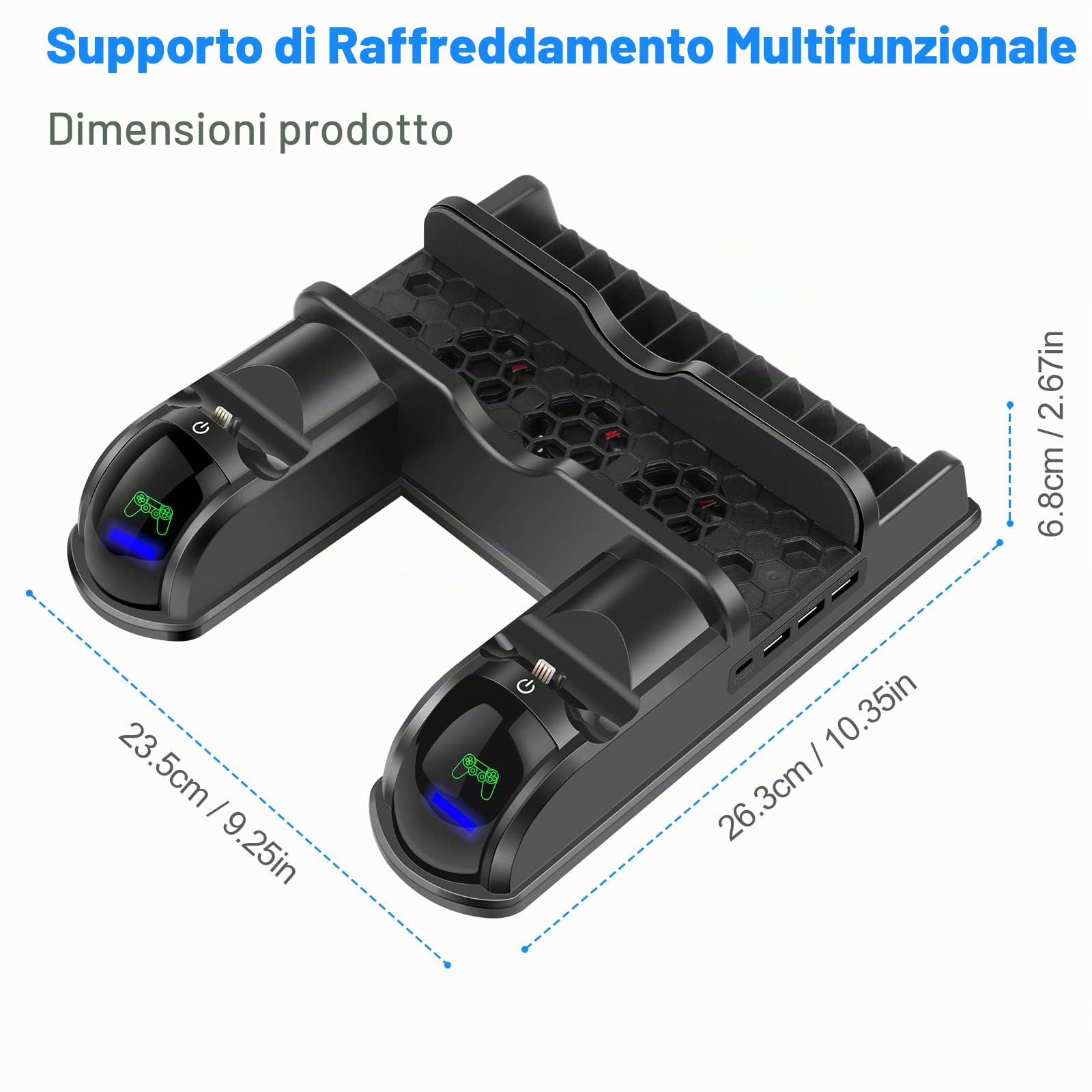 Labtec Supporto PS4 con ventola di raffreddamento e stazione di ricarica doppio controller per Playstation 4/Slim/Pro, 12 slot di gioco, accessori