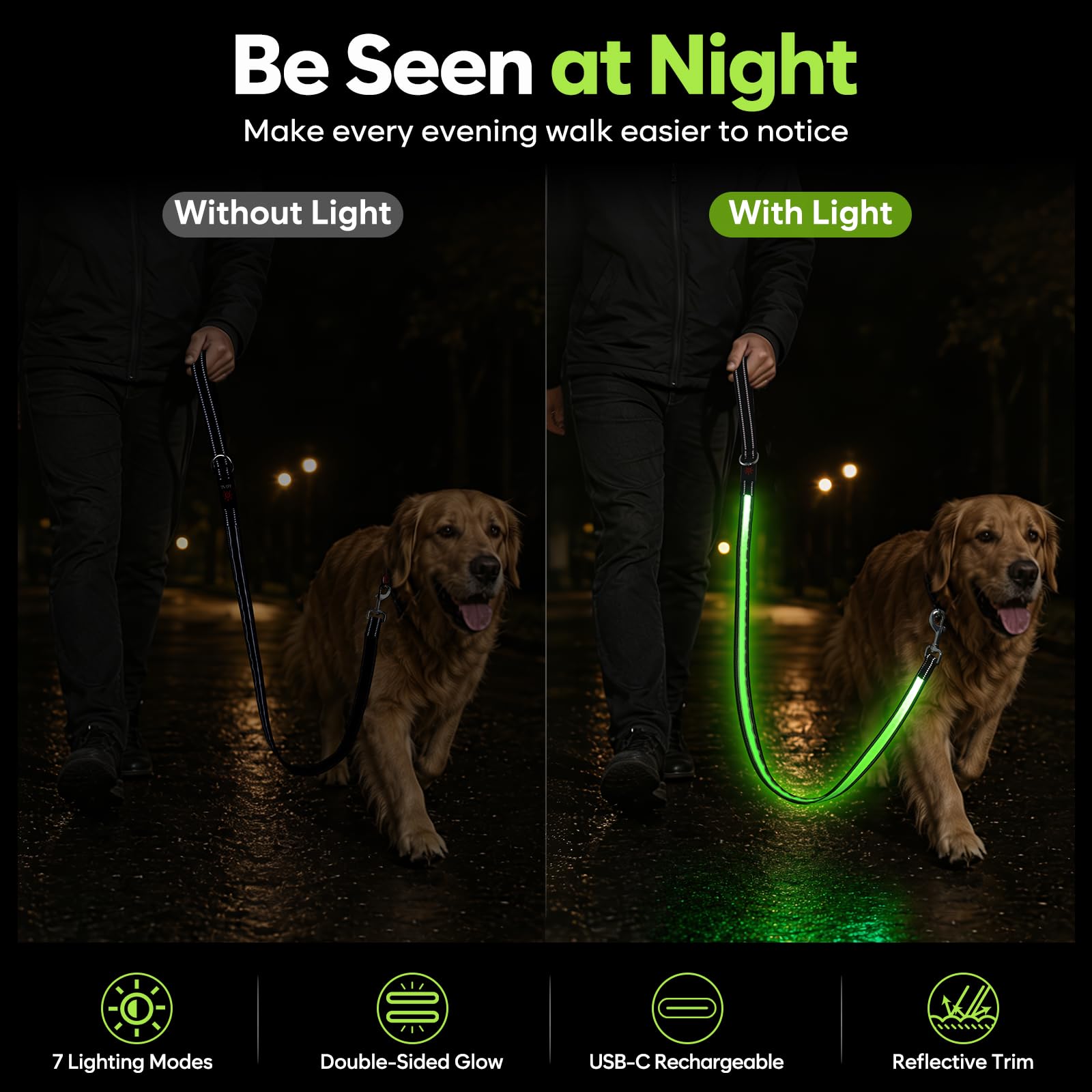 Laisse pour chien à DEL de 1,5 m, lumineuse et éclairée, 7 modes d'éclairage, phosphorescente, lumière double face, rechargeable avec poignée rembourrée pour la sécurité des promenades nocturnes