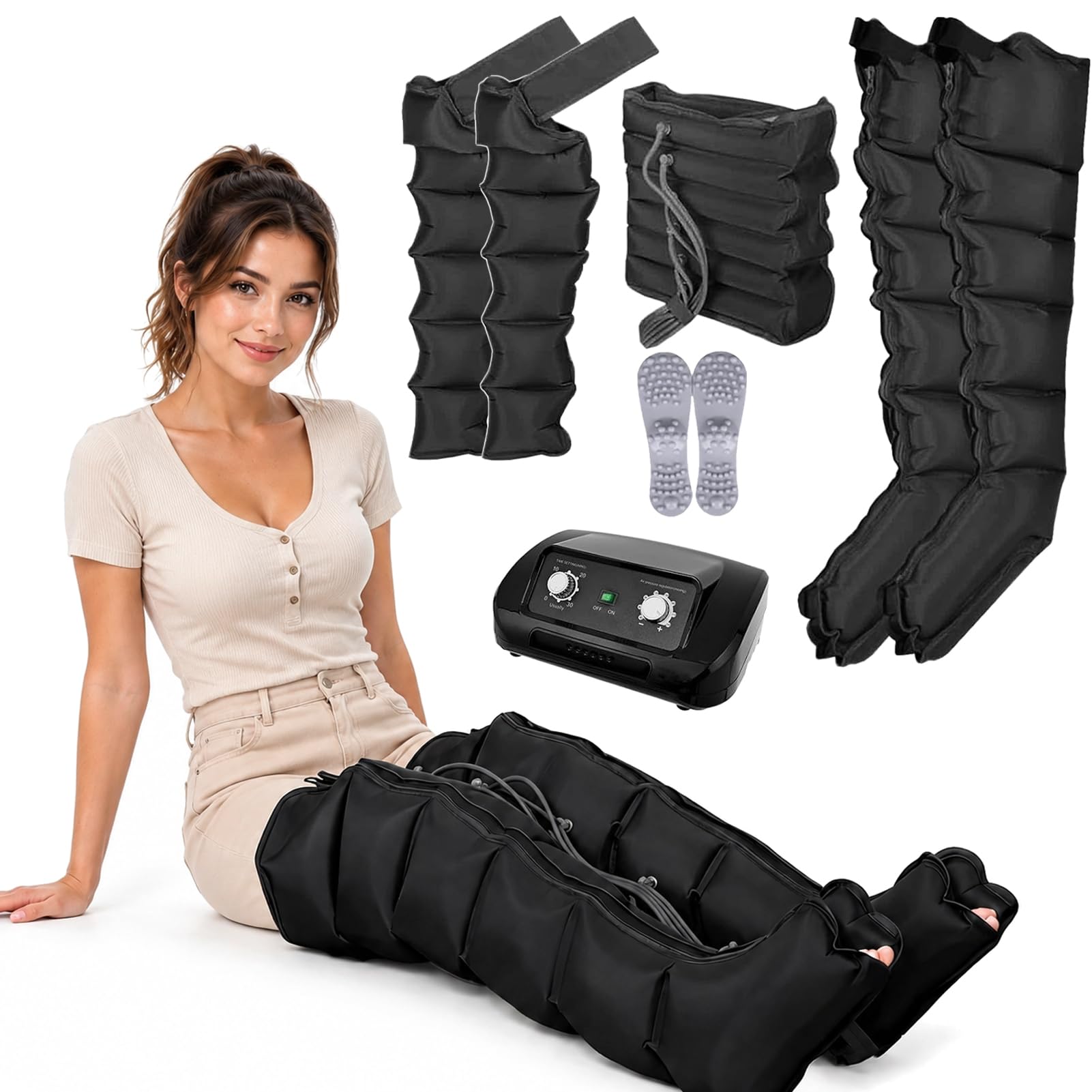 Botas Presoterapia Piernas y Abdomen para Casa con 6 Camaras | Máquina de Presoterapia Profesional para Casa, Masajeador Drenaje Linfático Circulación, 0-30 Min, 30-240 mmHg Ajustables