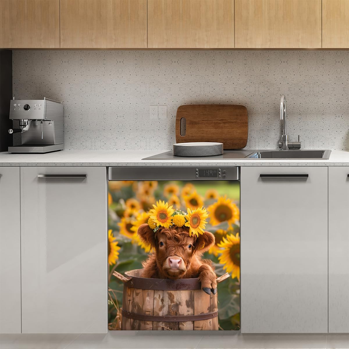 Dishwasher Magnet Cover Highland Cattle Sunflower Dishwasher Magnets Decorative Cover Reusable Magnetic Sticker Panel Decal Refrigerator Kitchen Appliance Decor Front Dishwashers Covers 23" x 26"
