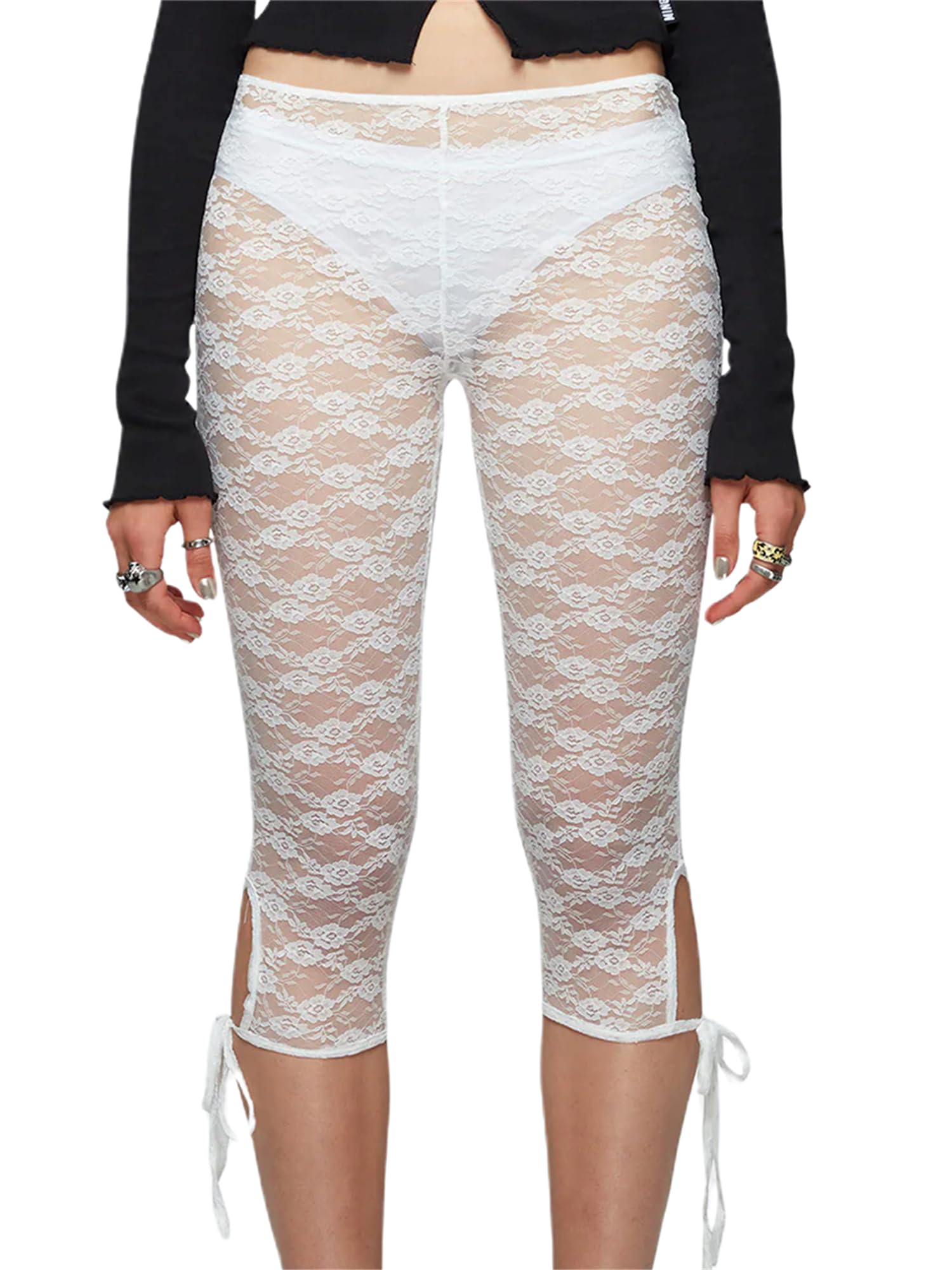 Sexy outfit Damskie kwieciste koronkowe legginsy Capri 3/4 długości rozciągliwe rajstopy seksowne przezroczyste przycięte spodnie z wycięciem na imprezę nocną w klubie