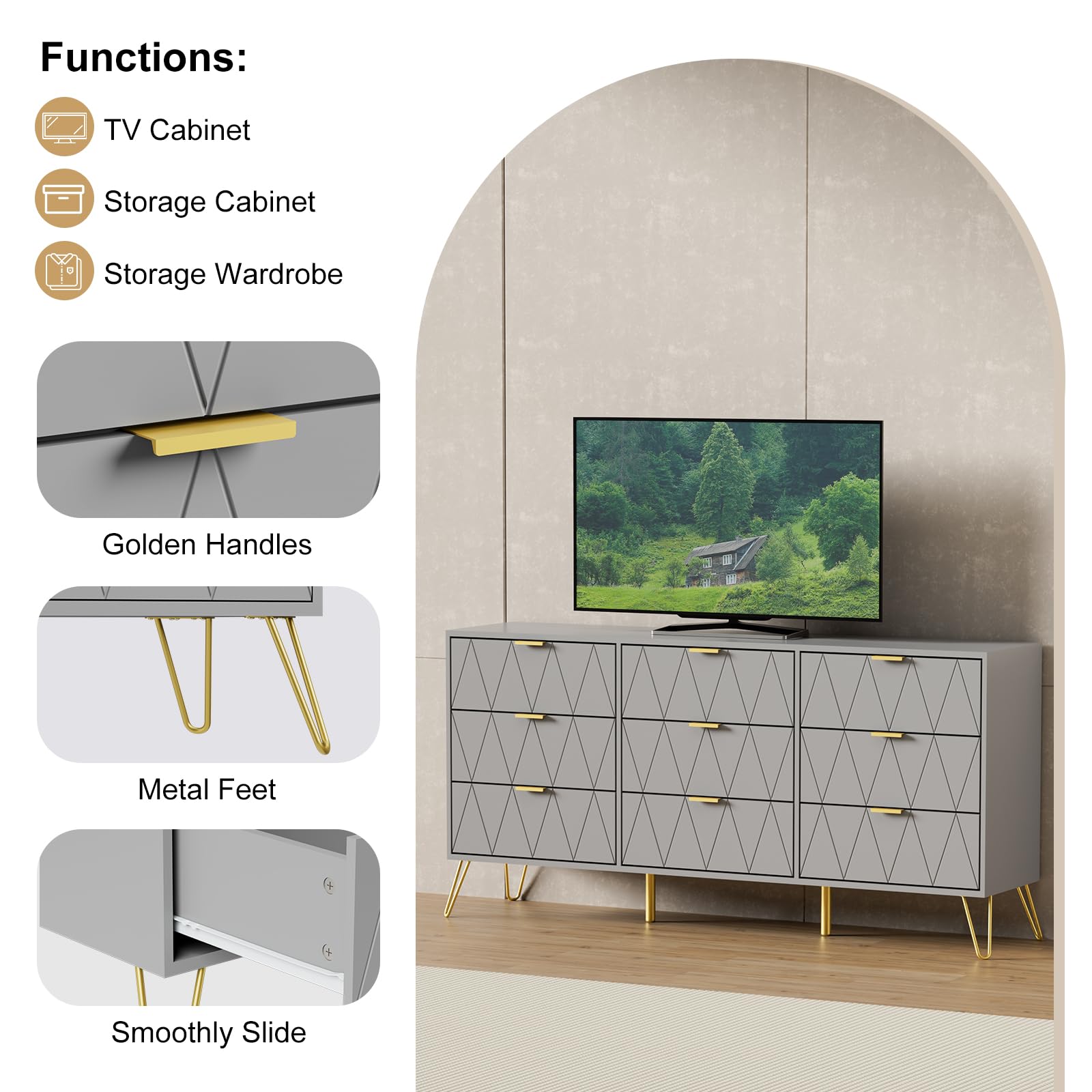 Amazon.com: UEV Grey Dresser for Bedroom,Modern 9 Drawer Triple Dresser with Gold Accents,Long Storage Organizer for TV Stand & Closet,Large Chest of Drawers for Living : Home & Kitchen Amazon.com: UEV Grey Dresser for Bedroom,Modern 9 Drawer Triple Dresser with Gold Accents,Long Storage Organizer for TV Stand & Closet,Large Chest of Drawers for Living : Home & Kitchen