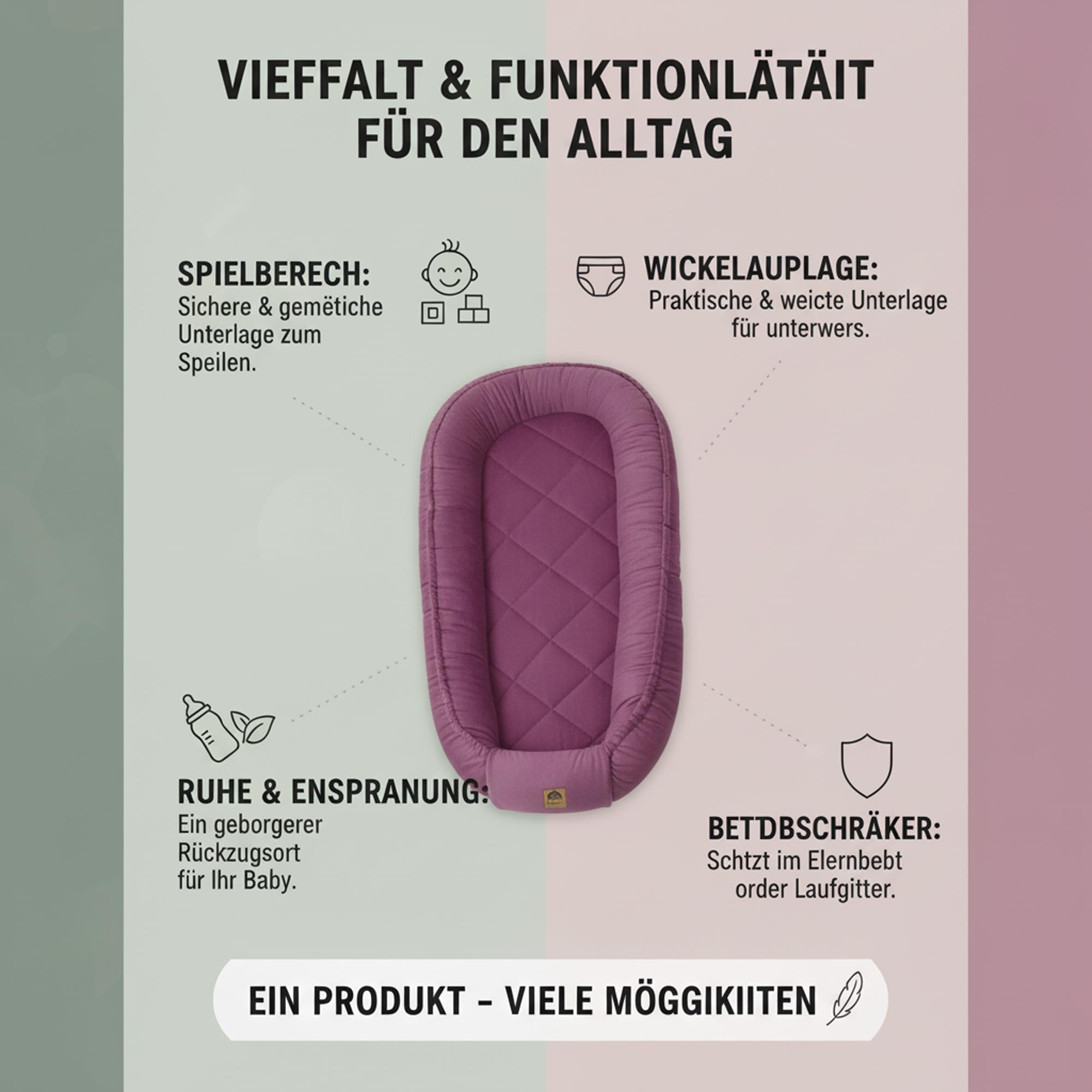 PIMKO Nid multifonctionnel réversible pour bébé, nid douillet, cocon pour bébé, nid antiallergique pour nouveau-né, cocon 60 x 90 cm, peluche douce, vert (Sunset Pink)
