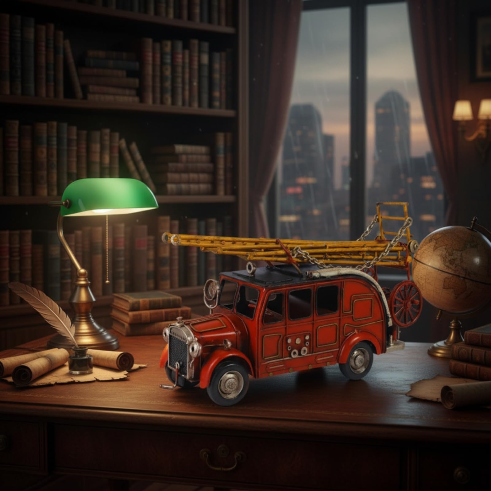 harayaa Leiter Feuer Fahrzeug Oldtimer Metall Feuerwehrauto Modell Retro Feuerwehrwagen Dekofigur Sammlerstück aus Eisen mit Stabilem Aufbau für Wohnzimmer