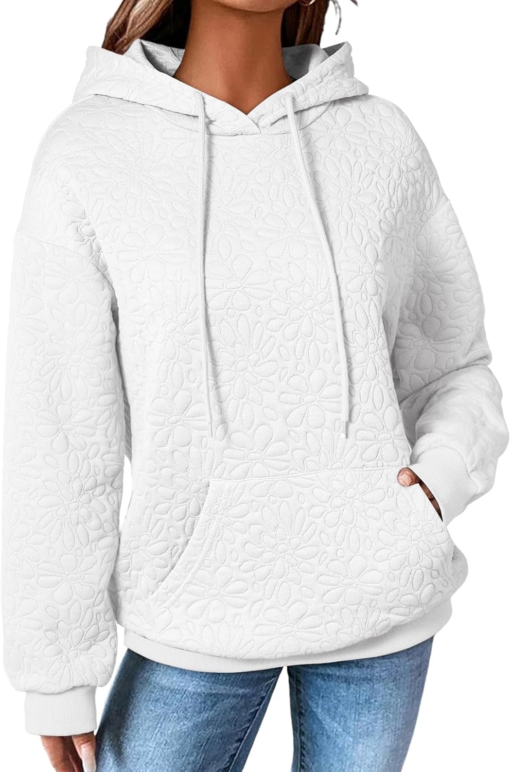 EVALESS Womens Hoodies Casual Long Sleeve Drawstring Jacquard Sweatshirt Pullover Tops Loose Outfits Clothes