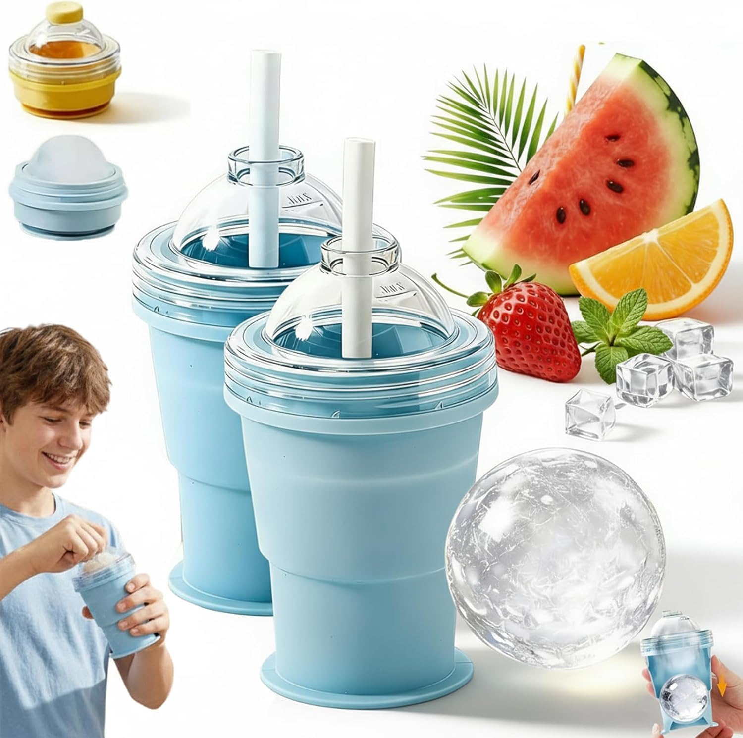 2-in-1 Collapsible Silicone Ice Ball Maker Cup,2 Pcs Portable Foldable Ice Hockey Cup with Straw Lid,Silicone IceSphere Mold, Easy Demolding Leakproof Travel Tumbler ForJuice (Blue)