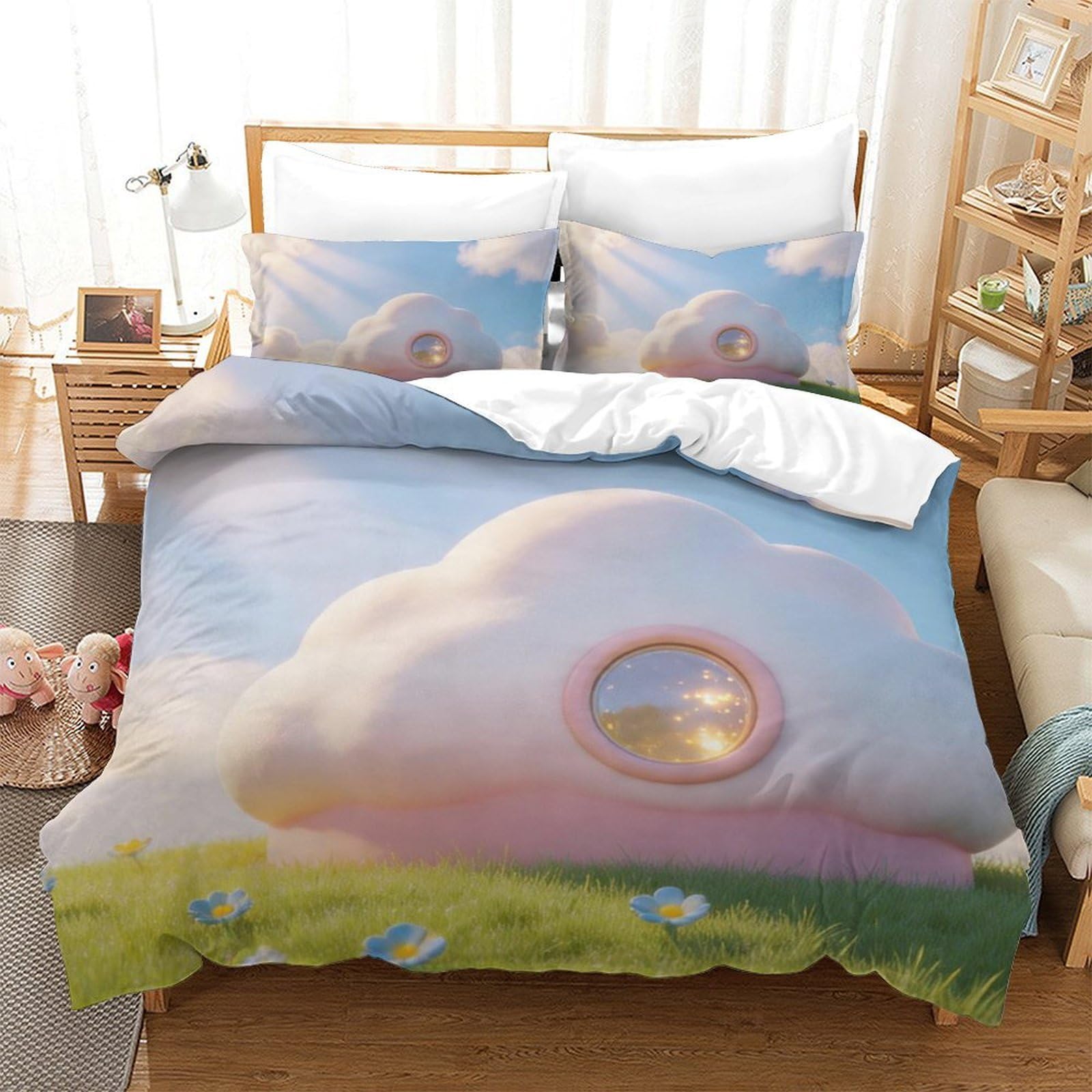 Housse de couette nuages 3D en microfibre respirante pour lit simple 135x200 cm
