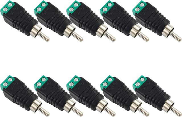 BRIEFCEC Phono RCA Male Plug to AV Screw Terminal Audio Video Connector Speaker Wire to RCA Adapter, RCA to Speaker Wire to Subwoofer Adapter (Solder free RCA Male, 10Pcs, Green)