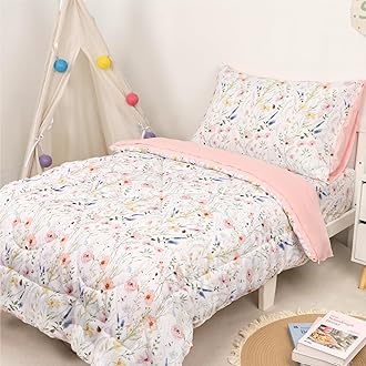 4 Piece Toddler Bedding Set for Girls, Boho Toddler Bed Comforter Set, Ultra Soft & Breathable Crib Bedding Includes Quilted Comforter, Flat Sheet, Fitted Sheet, Pillowcases, Pink Flower