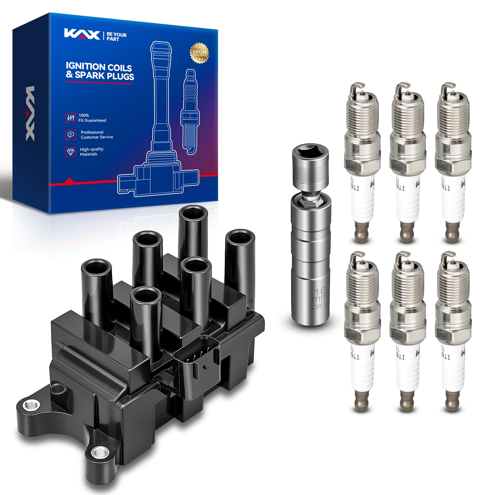 KAX Ignition Coil and 6 Iridium Spark Plugs Kit for Ford Taurus 2001-2006