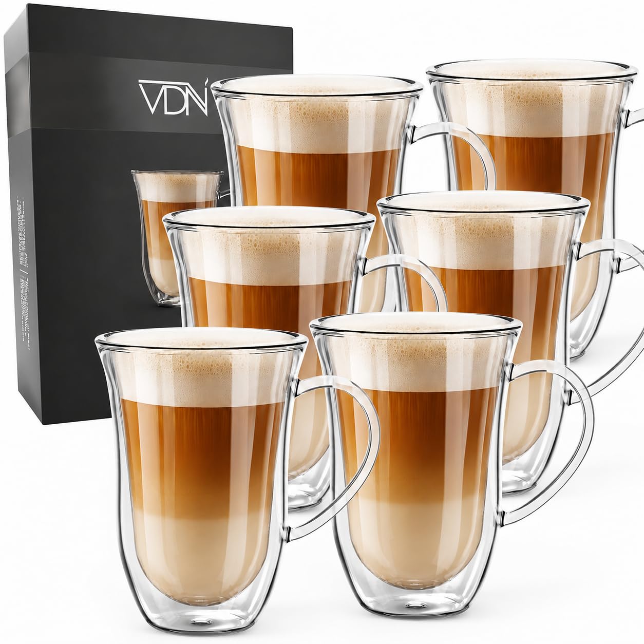 VDN Doppelwandige Kaffeegläser - Latte Macchiato Gläser [300ML, mit Griffen] - Doppelwandige Gläser [Thermo, für Heiß und Kalt] - Ideal als Eiskaffee- und Teegläser