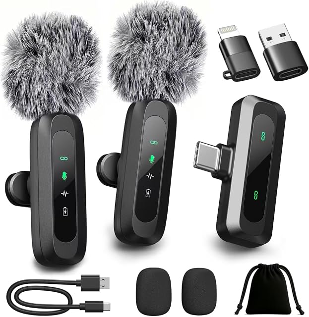 2026 Mise à jour Mini Microphone Lavalier sans fil avec LED Affichage, USB-C Clip-on Mic pour iPhone, iPad, Android, PC, Petit Lapel Mic pour l'enregistrement YouTube Vidéo Podcast Vlog, avec 4X pare-brise