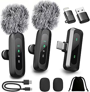 Upgraded Mini Microphone for iPhone Android/iPad PC with LED Display, Wireless Clip-On Mics, USB C Lavalier Microphone with Noise Cancelling, Bluetooth Mic for Content Creators Vlog Tiktok Podcast