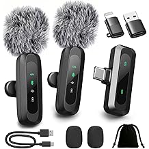 Upgraded 2 Pack Mini Clip on Microphone With LED Display, Wireless Lavalier Microphone for iPhone, HD Noise Cancelling, Portable Lapel Mic for Recording Video Podcast Vlogg Content Creator interview