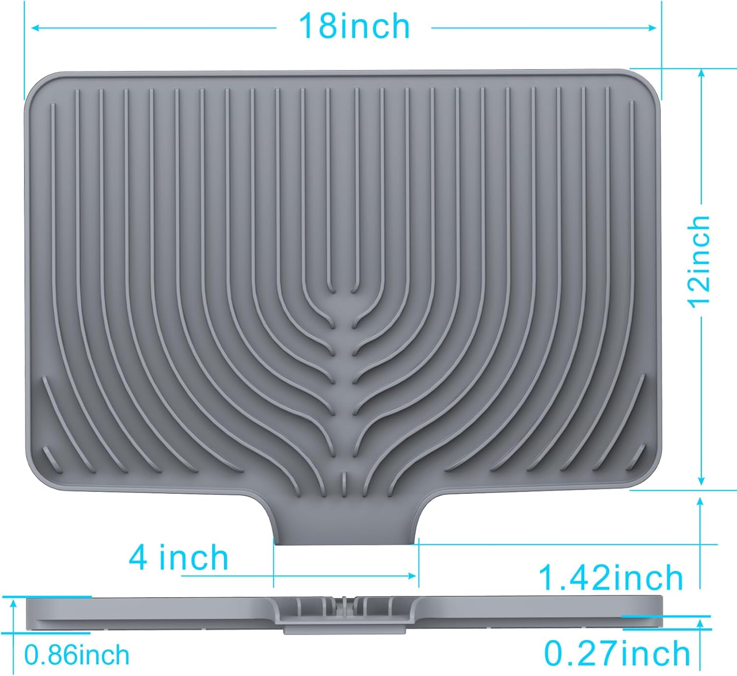 Kitchen Drying Mat for sink with a bulged edge,10"14"18"20"Silicone Dish Drying Mat with built-in Drain Spout, Rubber Dish Mat for Kitchen (18"×12"gray)