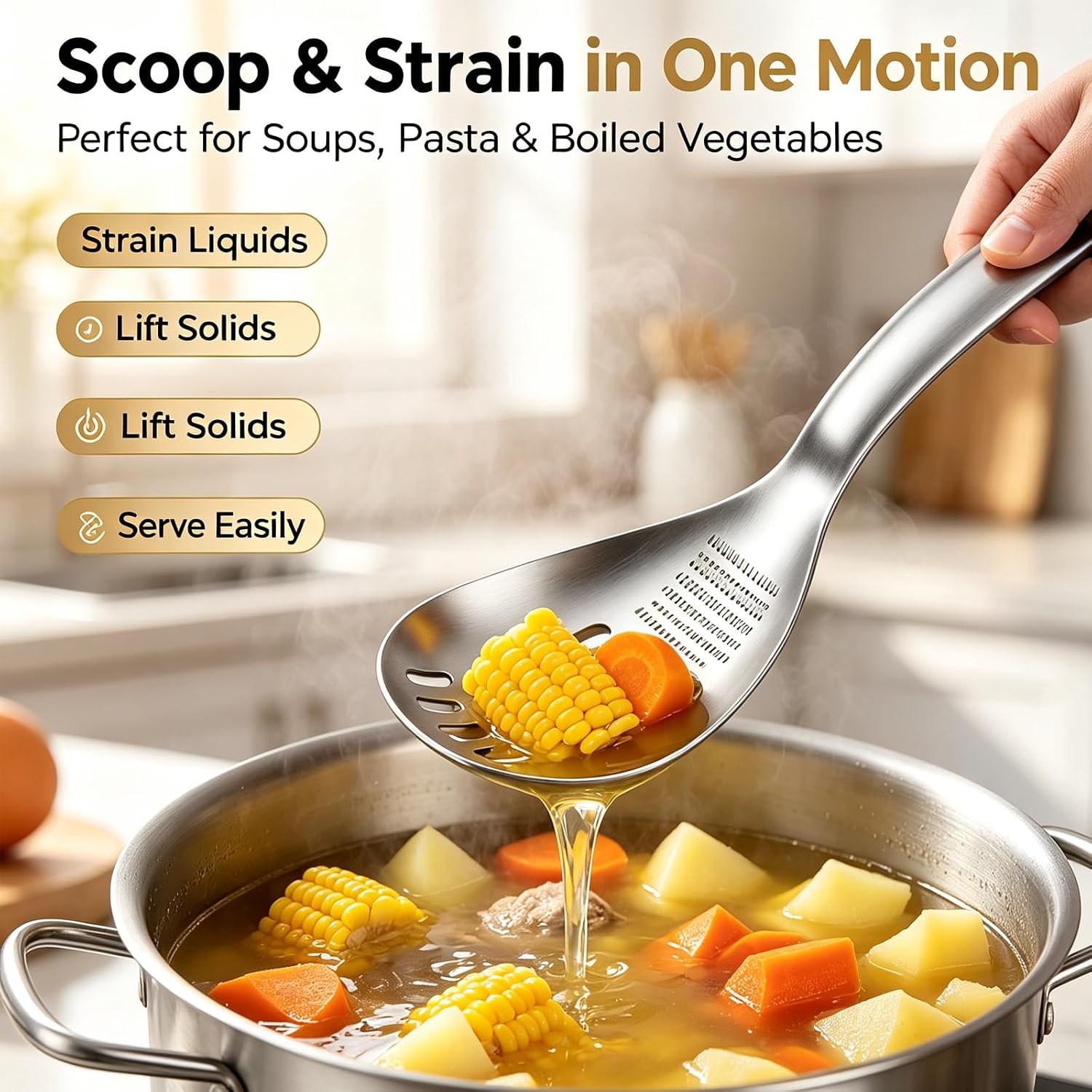 Multifunctional Cooking Spoon 304 Stainless Steel Kitchen Utensil,Cooking Spoon with Grinding Teeth, Drain Slots and Hang Hole for Garlic Grinding, Egg Separating, Straining and Serving
