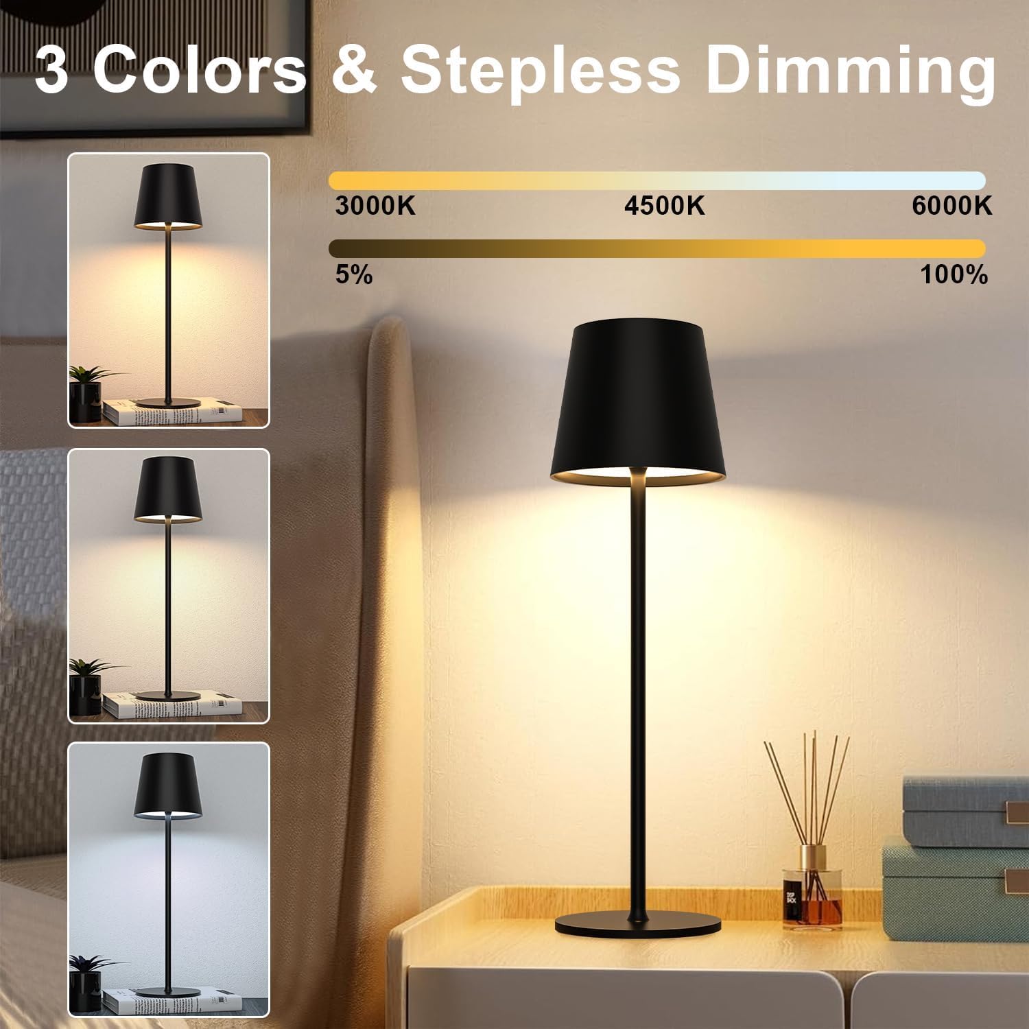 2 Stück Dimmbare LED Akku Tischlampe, Touch Kabellose Tischleuchte mit USB-C, Metall LED Wiederaufladbar Akku Tischlampe für Outdoor und Indoor, Aluminium, IP44 Wasserdicht, 5600mAh, 5W, Schwarz