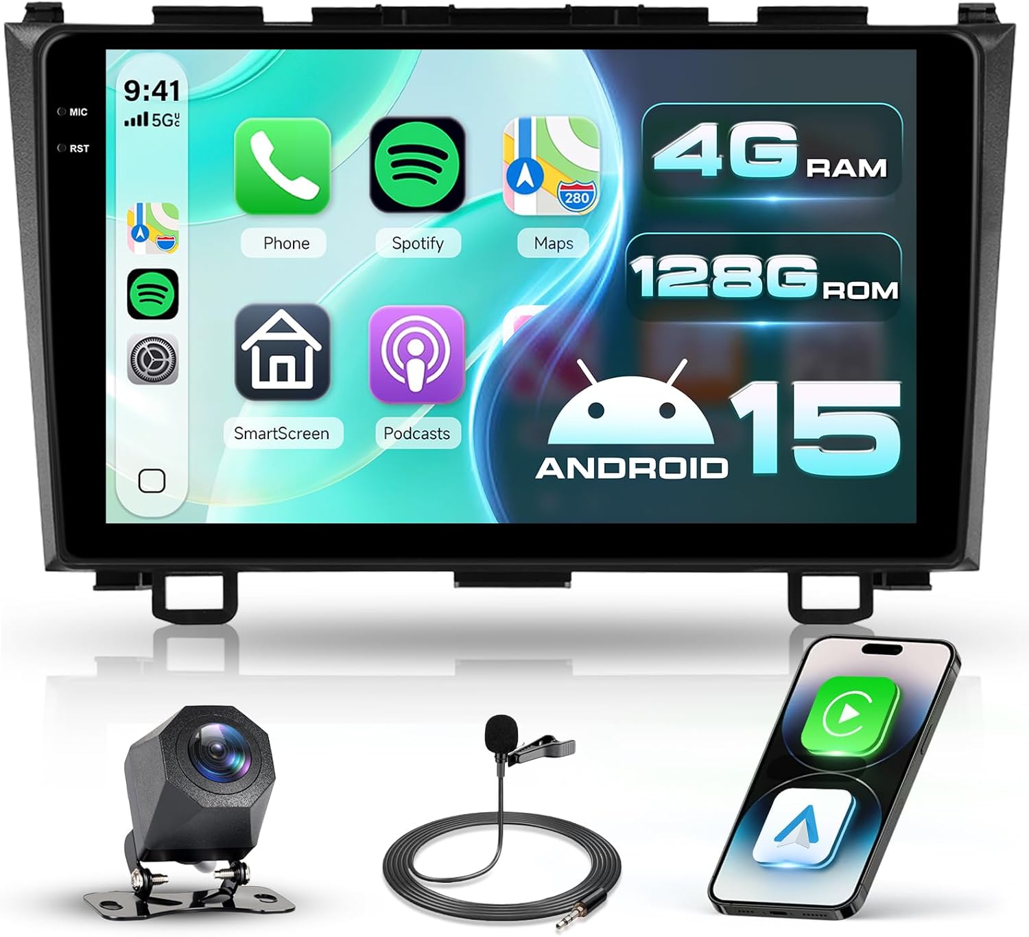 Android15.0 4G+128G Car Radio Stereo for Honda CRV 2007-2011 with Wireless CarPlay Android Auto, 9 Inch 1280 * 720P IPS Touch Screen GPS WiFi Bluetooth EQ SWC FM Radio HD Backup Camera