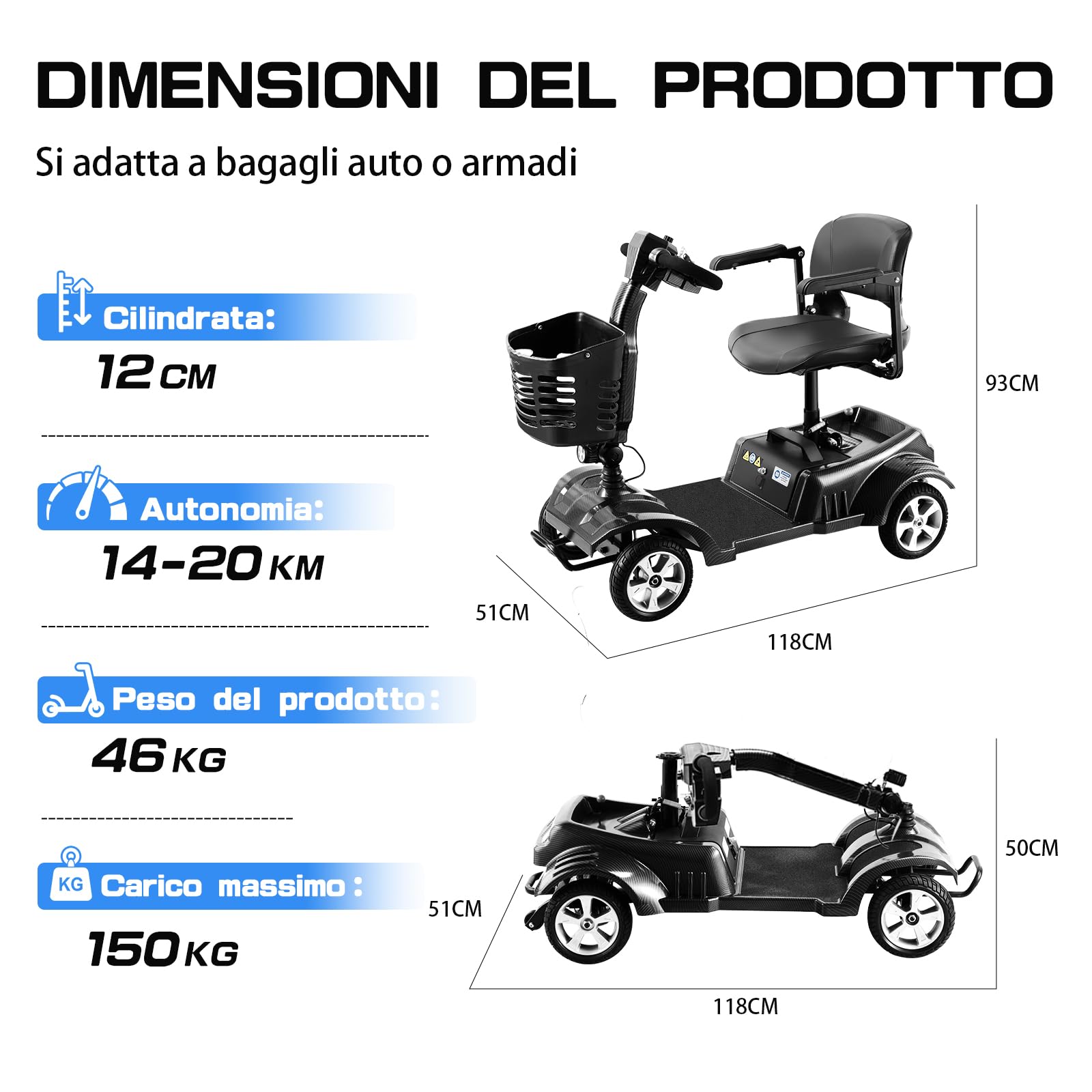 Z02 Scooter disabili pieghevole, sistema antiribaltamento, autonomia di 20 km, luci LED, cestino rimovibile, stabile e pratico, adatto agli anziani, garanzia di 5 anni - Nero