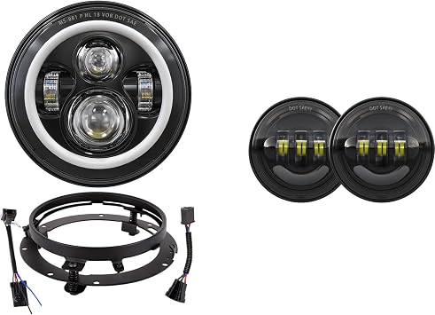 XPCTD 7 Inch Halo LED Headlight with 4.5 Inch LED Passing Lights Bundle Compatible with Street Glide Road King Electra Glide Fat Boy