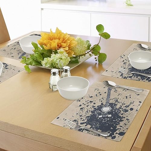 Miniatura 4 de Ambesonne Juego de 4 manteles individuales modernos, guitarra acústica sobre fondo retro turbio, notas musicales, ilustración de melodía, manteles