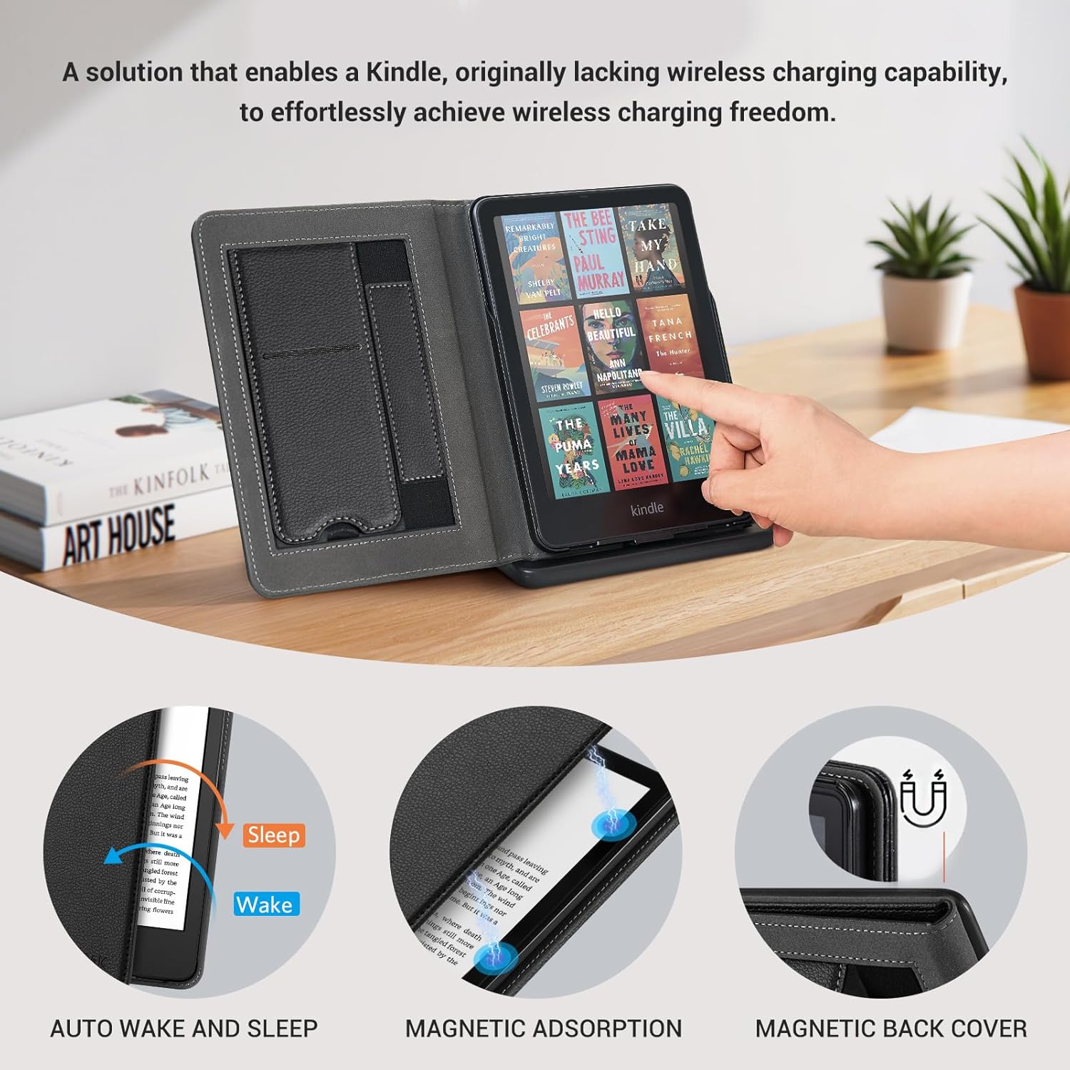 CoBak Wireless Charge Stand Case for 7" Kindle Paperwhite 12th Gen 2024 and Kindle Colorsoft with Hand Strap - Compatible with iPhone MagSafe, for Samsung/Anker Wireless Charging Pads, Auto Sleep Wake