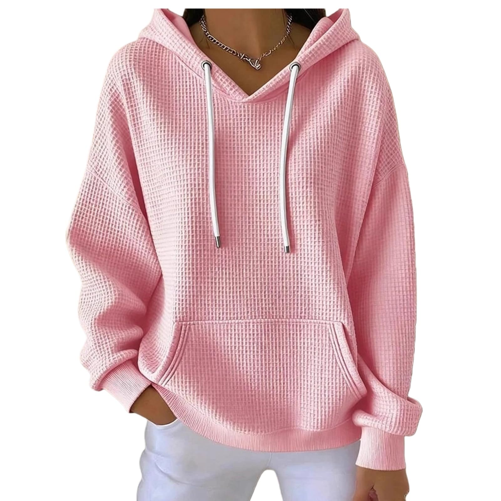 Damskie bluzy z kapturem na wiosnę jesień waflowe bluzy ze sznurkiem prążkowany sweter z dzianiny moda plus codzienne zimowe topy