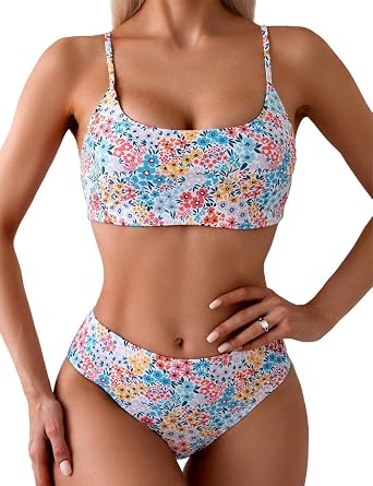 YIMISAN Womens Two Piece Swimsuit Floral Print Bikini Set Spaghetti Straps Scoop Neck Mid Waist Cheeky Bathing Suit