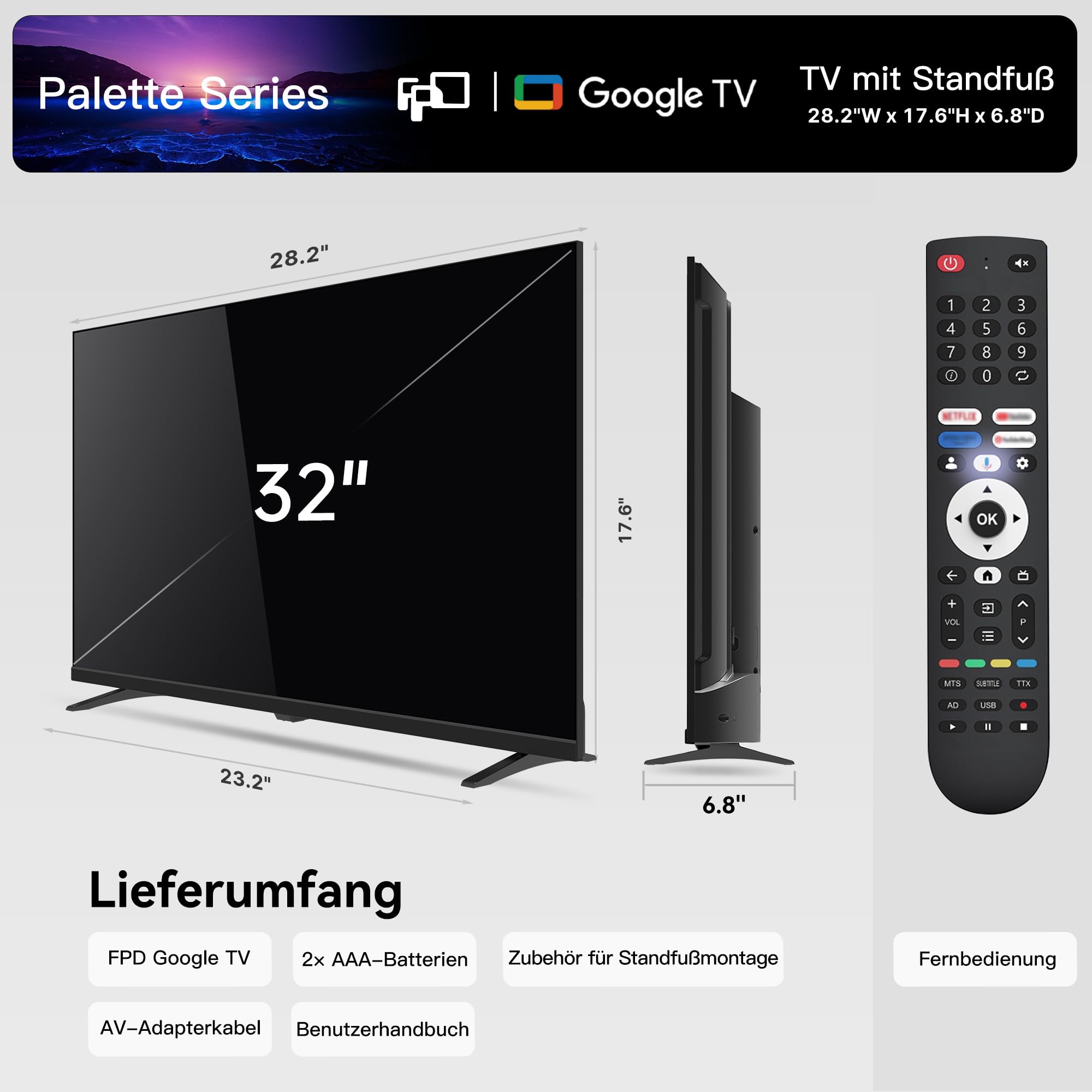 FPD Smart TV 32 Zoll (81 cm) Fernseher mit Google TV, Sprachsteuerung, kompatibel mit Google Assistant, 720p HD, HDR 10 & Dolby Audio, Google Play, Google Cast, Live-TV