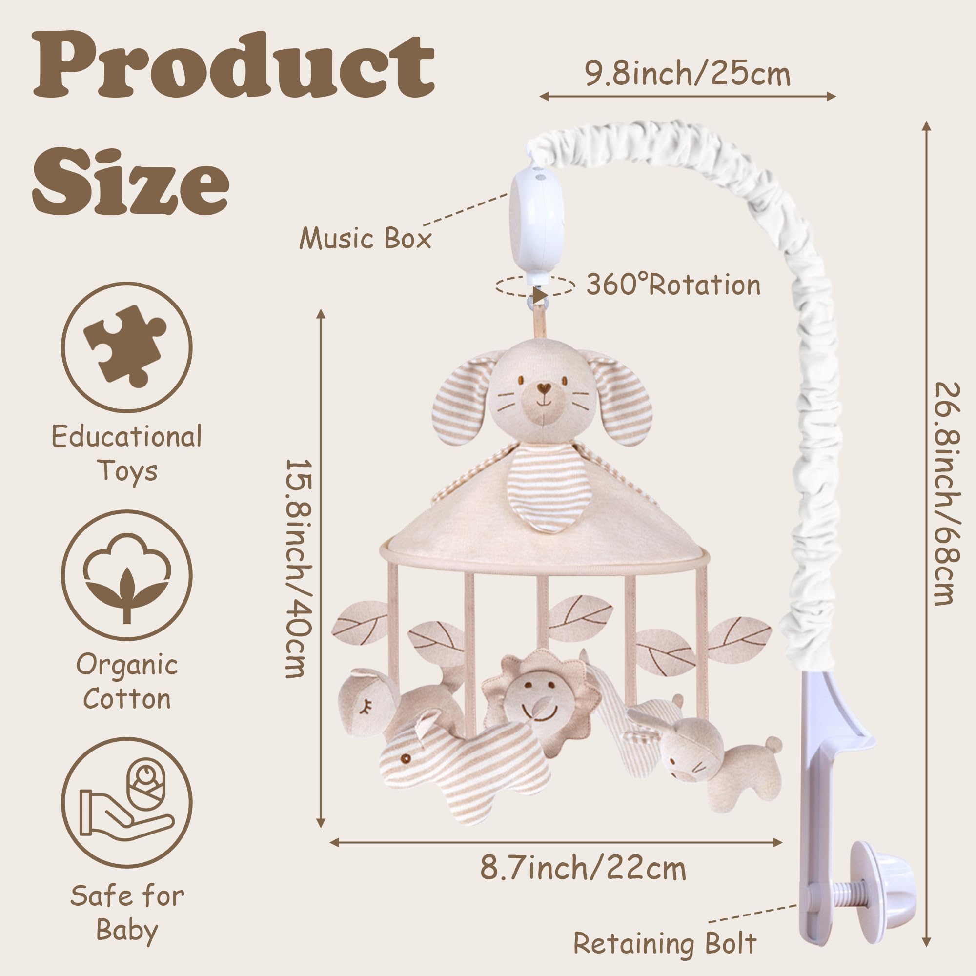 ARefugen Baby Musical Mobile - Rabbit Umbrella Stripes Baby Crib Mobile Toy for Boys Girls with 12 Lullabies Rotating Music Box for Home Daily Use Nursery Decor Calming Soother