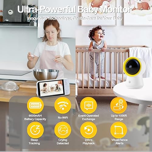 Miniatura 2 de Ellie - Monitor de bebé sin WiFi, monitor de bebé con cámara y audio, IPS 1080P de 5 pulgadas con montaje en pared, batería de 6000 mAh, rango de