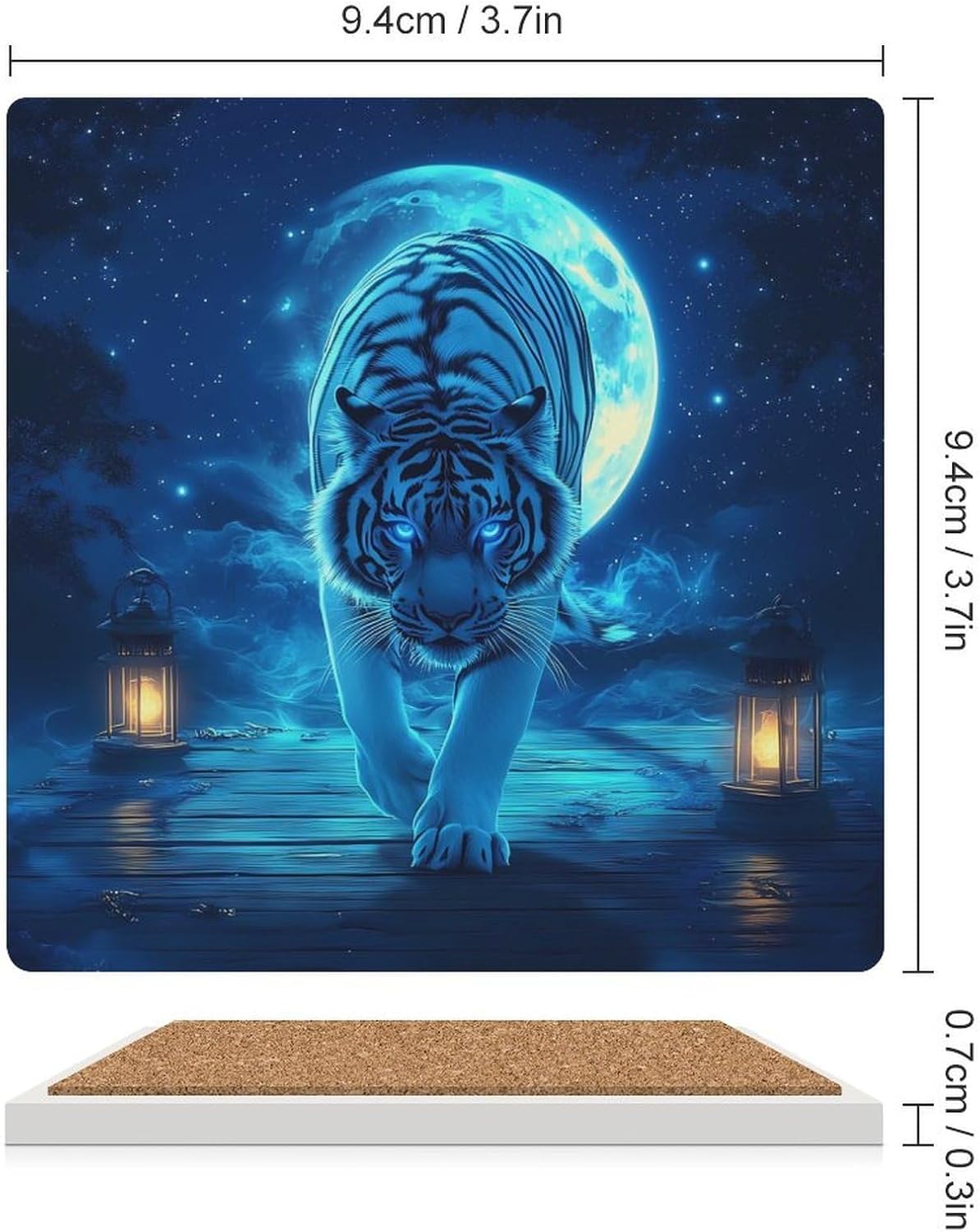 White Tiger Moon Starry Sky Ceramic Coasters Square Drinks Coaster Coffee Table Decor Table Coaster for Home Bar