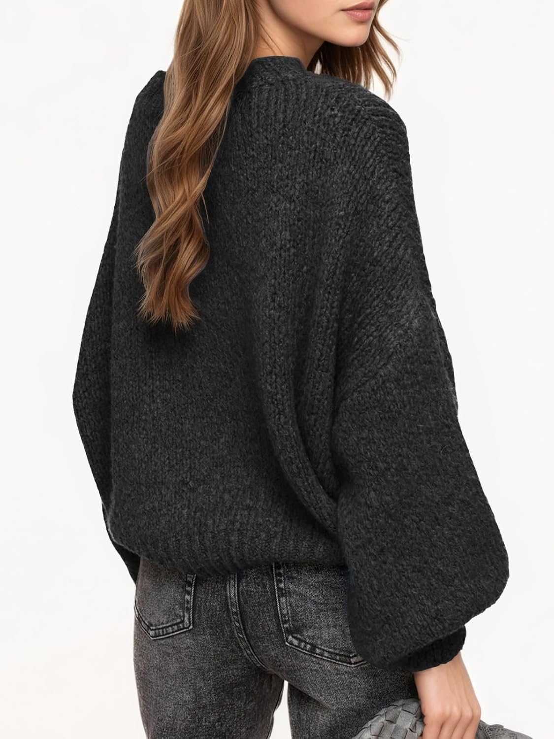 Saodimallsu Womens Oversized Sweaters Casual Lantern Long Sleeve Mock Neck Chunky Knit Loose Fall Pullove Tops - Image 3