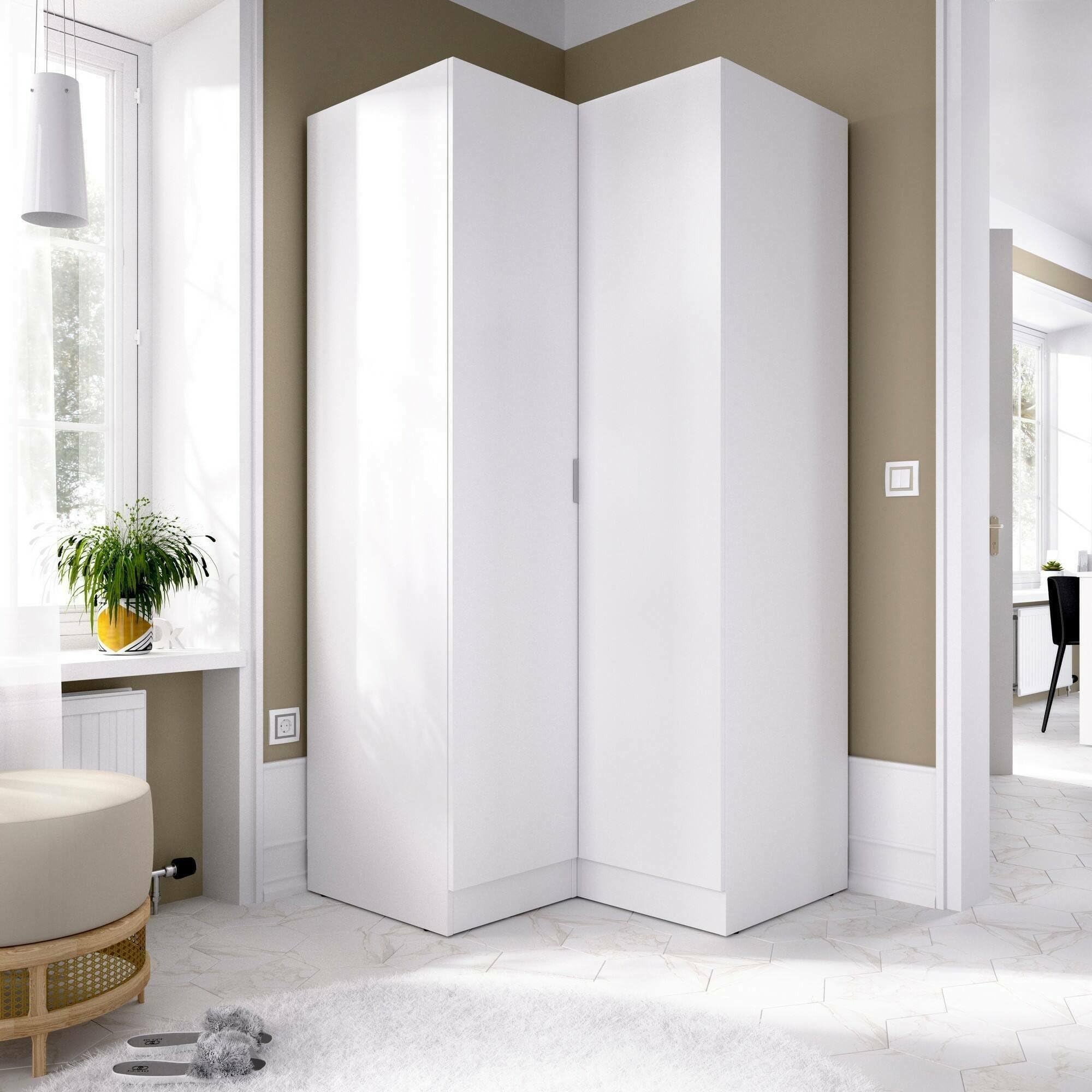 Dmora - Kleiderschrank 2 Türen Elgon, Eckschrank für Schlafzimmer, Eckschrank, 91x93h184 cm, Weiß