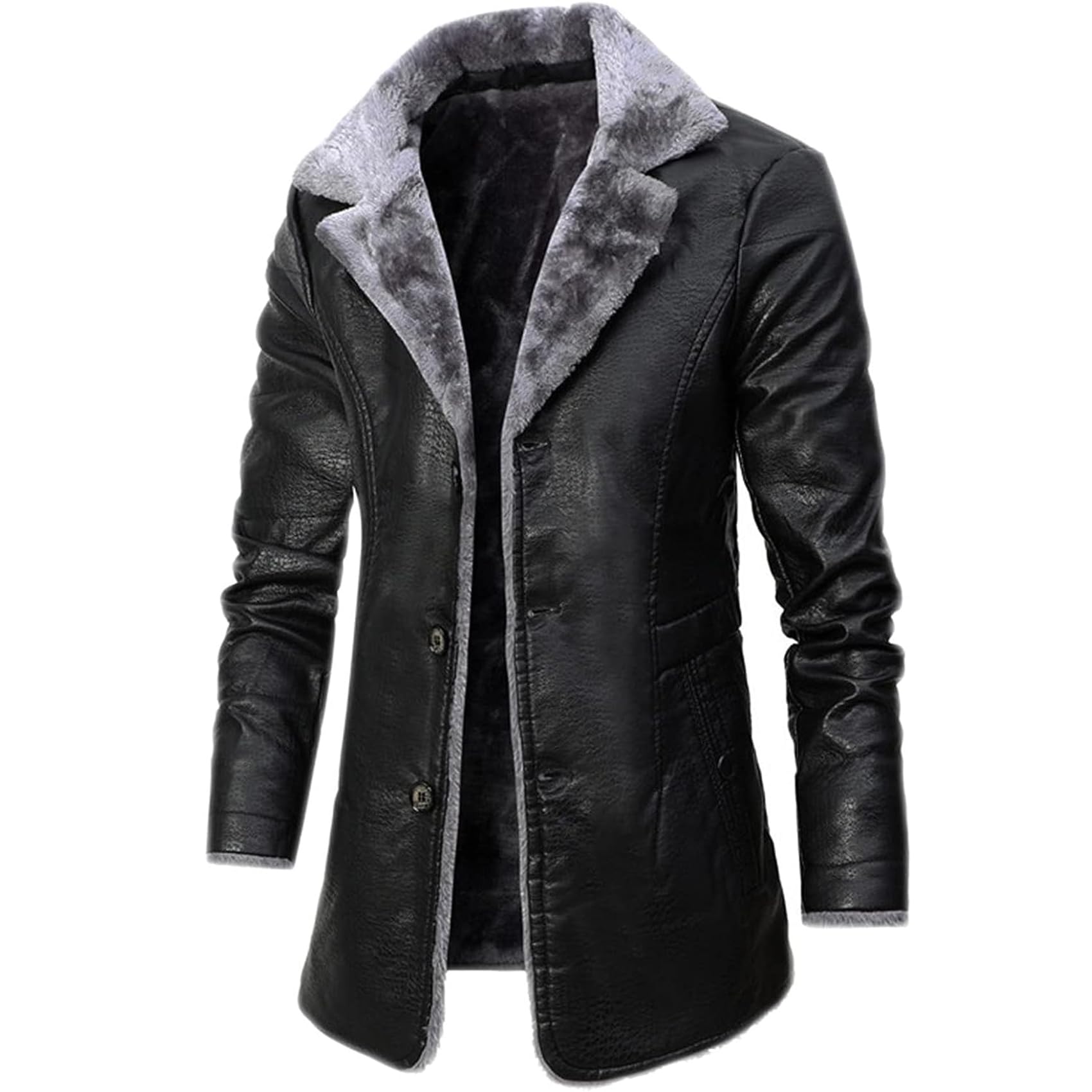 DJFOGMen's Winter with Faux Fur Jacket, Coat in Real Leather,Coat with Faux Fur and Fur Collar,Fleece Jacket Coat